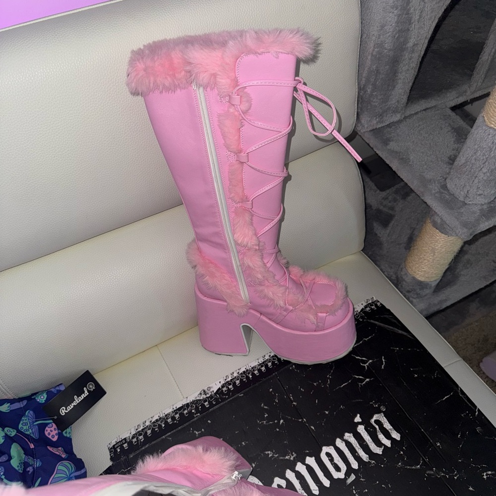 Demonia Pink Heeled Boots with Plush Trim confortable